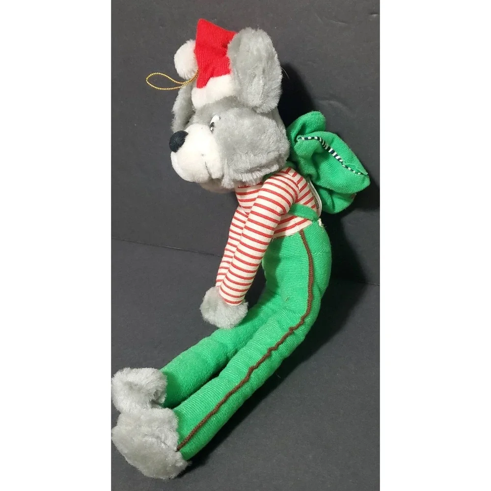 VINTAGE Christmas Knee Hugger Long Leg Mouse Plush Striped‎ Shirt Santa Hat